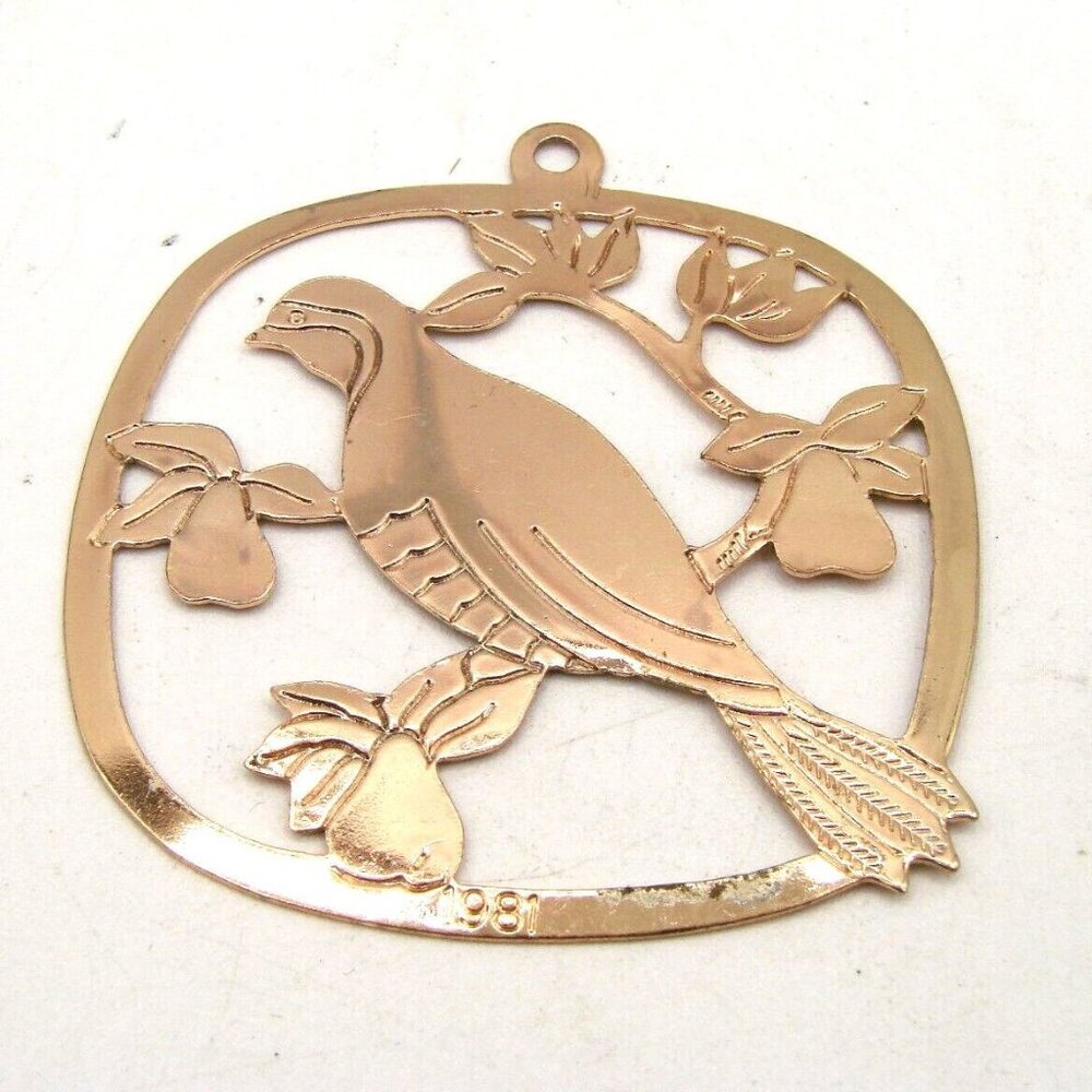 Partridge in Pear Tree Christmas Ornament 1981 Die Cut Gold Metal Holiday Vtg